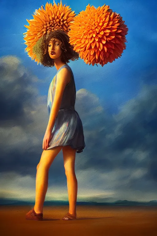 Image similar to closeup giant dahlia flower head, girl standing on beach, surreal photography, blue sky, sunrise, dramatic light, impressionist painting, digital painting, artstation, simon stalenhag