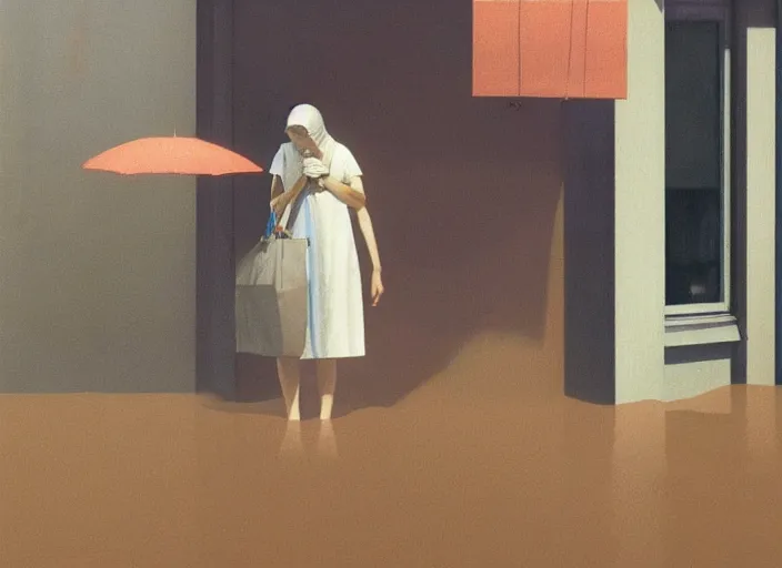 Image similar to woman dressed in plastic bags plugged into computer in paper bag over the head on flooded street Edward Hopper and James Gilleard, Zdzislaw Beksinski, highly detailed