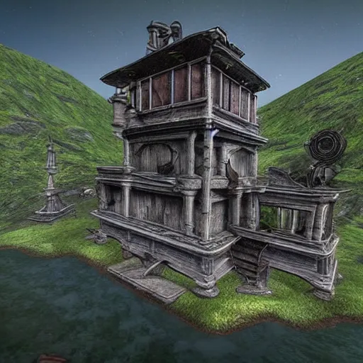 Prompt: myst - like puzzle buildings highly detailed photography