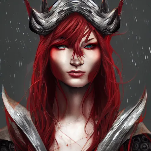 Prompt: head and shoulders, a red haired, red eyed woman, red elf on on her shoulder, dark leather armor by ingrit lima and june jenssen, artstation, behance