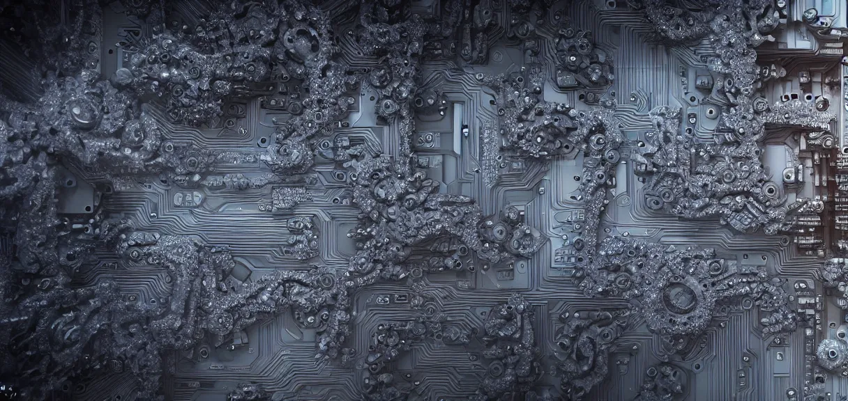 Image similar to fractal motherboard, greg rutkowski, esuthio, craig mullinshyper, scifi, symmetry fractal, octane render, detailed realistic 8 k,