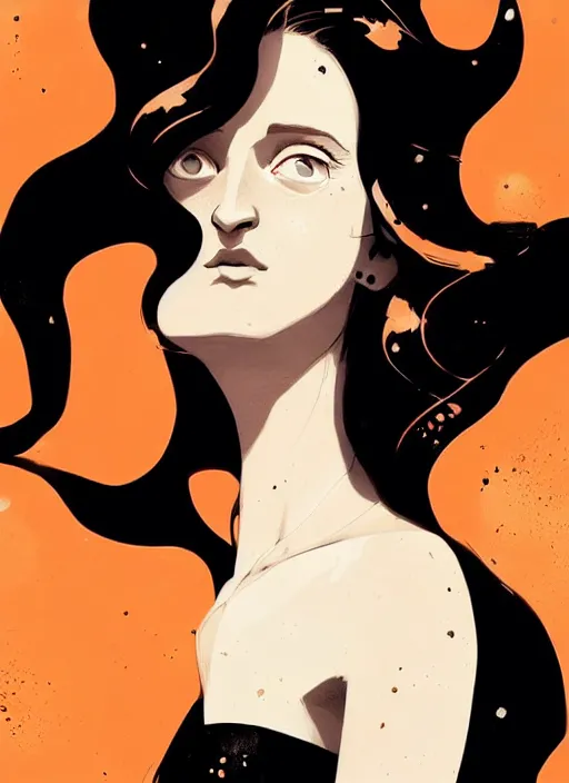 Image similar to highly detailed closeup portrait of beautiful grace gummer as dom dipierro, wavy ginger hair, black dress, by atey ghailan, by greg rutkowski, by greg tocchini, by james gilleard, by joe fenton, by kaethe butcher, gradient orange, black and white color scheme, grunge aesthetic!!! ( ( graffiti tag wall background ) )