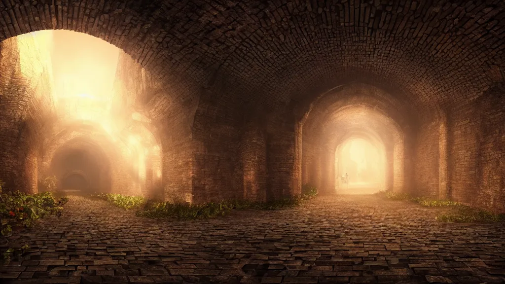 Prompt: brick tunnel maze game of thrones, volumetric lighting, fantasy artwork, very beautiful scenery, very realistic painting effect, hd, hdr, cinematic 4 k wallpaper, 8 k, ultra detailed, high resolution, artstation