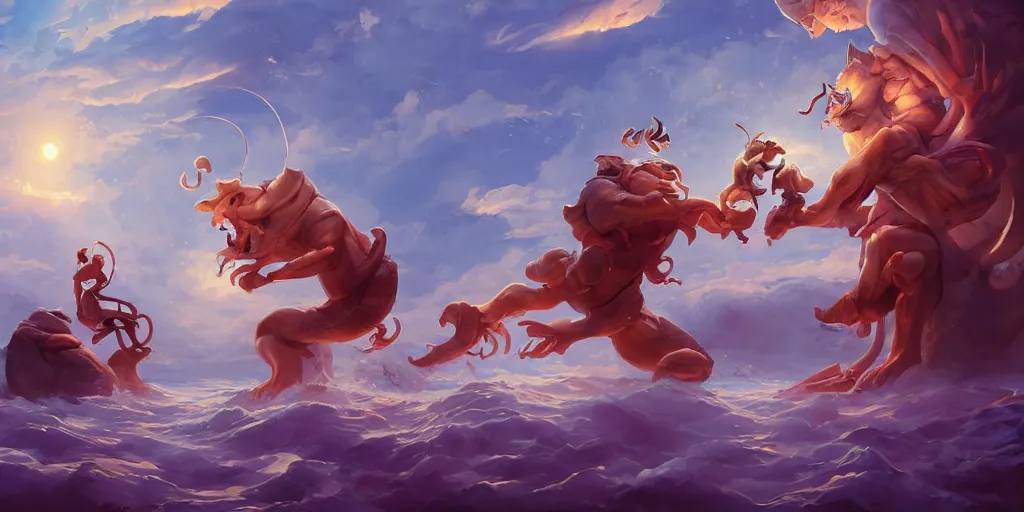 Prompt: Aesthetic art of the Zodiacs playing with each other , cgsociety, fantasy art, concept art , ambient occlusion, behance hd , concept art by Jesper Ejsing, by RHADS, Makoto Shinkai Cyril Rolando