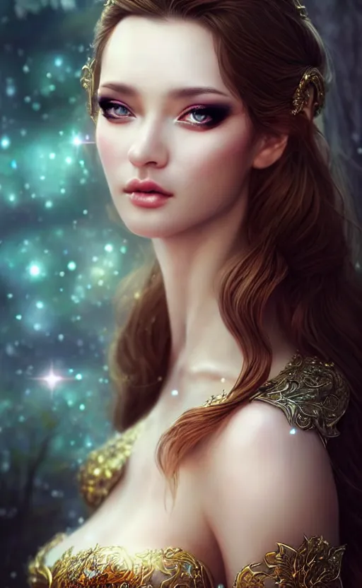 Image similar to a fantasy photo of gorgeous russian female, evening gown, bokeh, medium shot, beautiful face, professionally retouched, soft lighting, realistic, smooth face, perfect eyes, sharp focus, 8 k realistic high definition, insanely detailed, intricate, elegant, art by artgerm and kyoung hwan kim