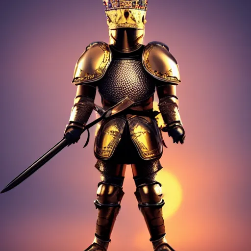 Image similar to a highly detailed knight in a T golden helmet and a golden crown with a blue diamond in the center, golden armor, leather clothes under the armor, leather gloves, holds a black sword, artstation, DeviantArt, professional, octane render, sunset lighting