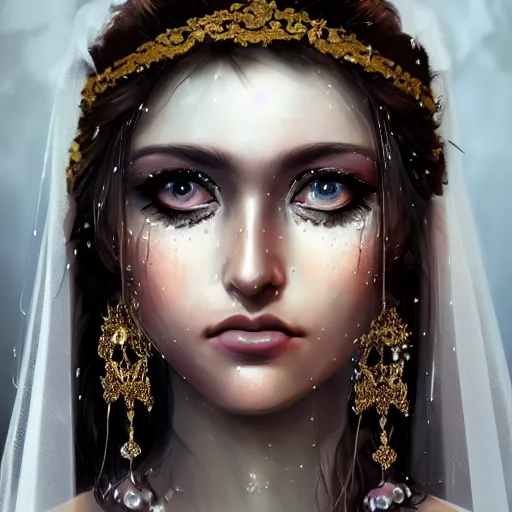 Prompt: ilyana vyulnika as a young bride in the dark, heavy makeup, crying eyes, tears, leaked mascara, lipgloss, portrait, closeup, cute freckles, gloss effects, and exaggerated proportions, intricate jewelry, after rain, digital art by julia razumova and mel milton, trending on artstation, 4 k high quality