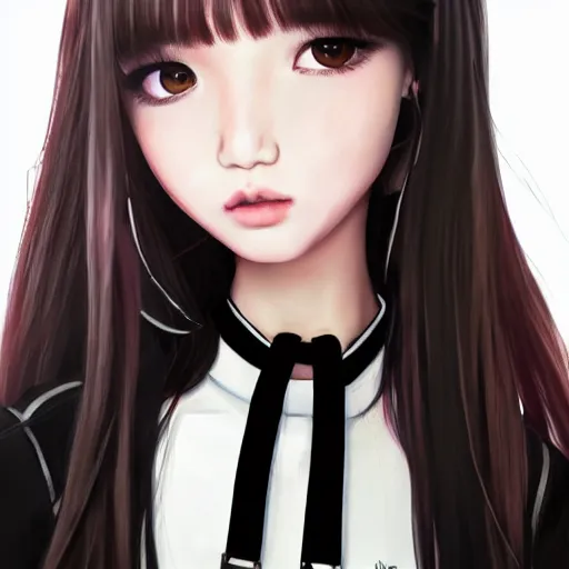 Image similar to realistic detailed semirealism beautiful gorgeous cute Blackpink Lalisa Manoban wearing school uniform, black hair black cat ears, black leather choker, proportional body, WLOP, Aztodio, Taejune Kim, sakimichan, ArtGerm, Pixiv, Instagram, Artstation