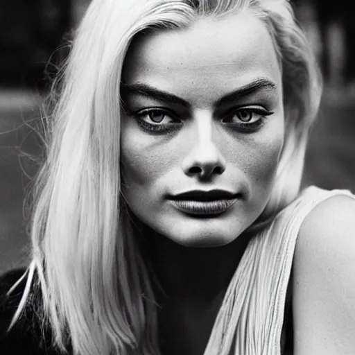 Prompt: photo of margot robbie, full platinum blond, bleached eyebrows, pale skin, freckle, by vivian maier, realistic, high detail, high quality, trending on pinteresst