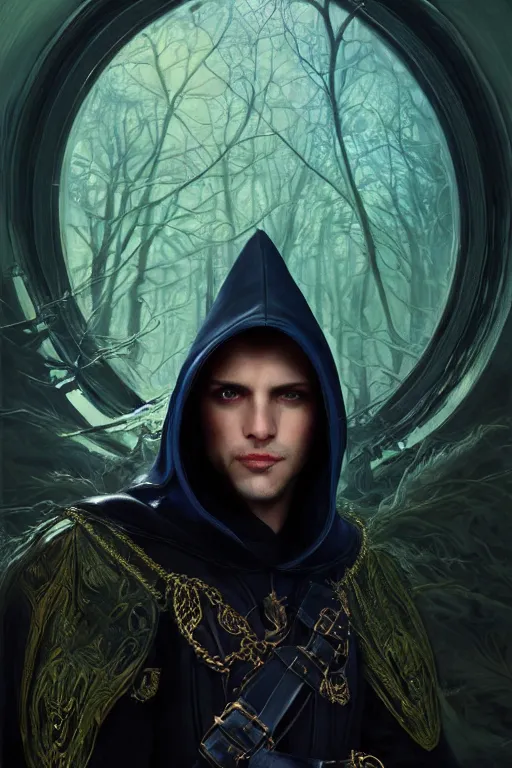Image similar to ultrarealistic male mage face portrait fighting, long black hair blue eyes wearing leather mantle gothic navy cloak with leather details, green plants, fantasy character portrait, octane render, extreme intricate details, elegant, cinematic lighting, substance painter, artstation, dnd art, cgsociety, sharp focus, beautiful digital painting by artgerm, gerald brom, wlop, alphonse mucha
