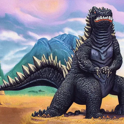 Prompt: paleoart painting of Godzilla in the style of Charles R. Knight