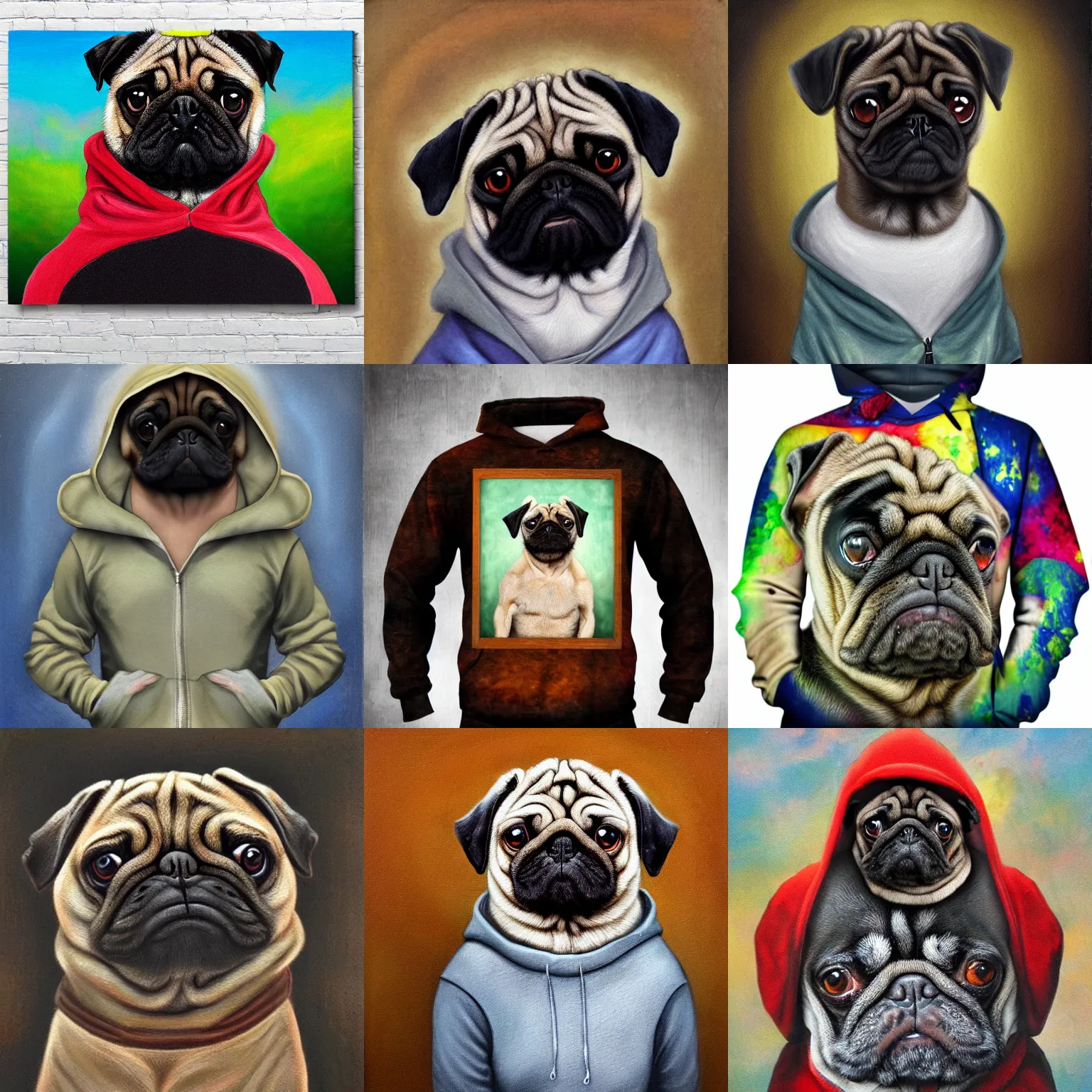 Prompt: dog pug as bodybuilder wearing hoodie portrait, heavy texture victorian natural oil painting