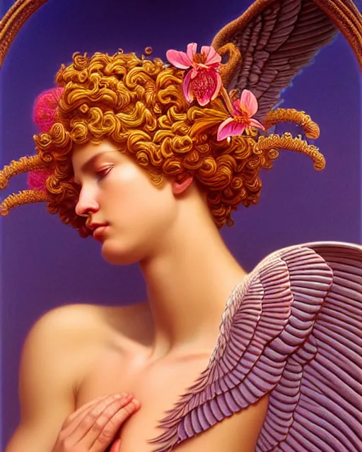 Image similar to angel, unusual beauty, flowers and plants, emotionally evoking symbolic metaphors, head in focus, fantasy, ornamental, intricate, elegant, sensual, highly detailed digital painting, artstation, concept art, painterly, golden ratio, sharp focus, illustration, art by John William Godward and Boris Vallejo and Zdzisław Beksiński,