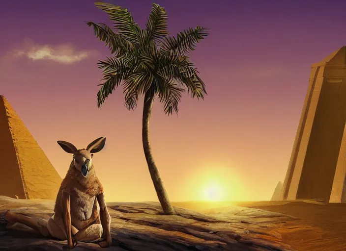 Image similar to a professional portrait, of an anthropomorphic kangaroo sitting outside of an ancient egyptian pyramid, tropical palm trees and eucalyptus trees everywhere, rocky desert cliffs in background, sunset, sunrays, cinematic lighting, ancient egyptian architecture buildings, detailed, artstation