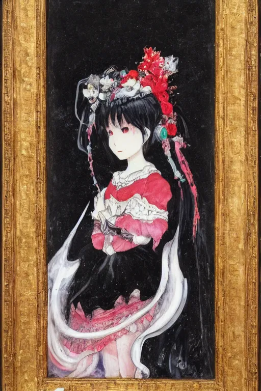 Image similar to A very soft and dark haunting oil painting of Hatsune Miku in a black ornate wedding dress, scarlet background, by Oskar Kokoschka, ethereal, evil presence, haunted painting
