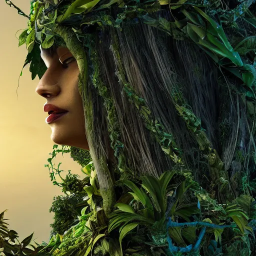 Image similar to a giant woman made of vines and leaves and a crown made of flowers towering over a tropical island, Dramatic Lighting, Trending on Artstation HQ, 4K, UHD.