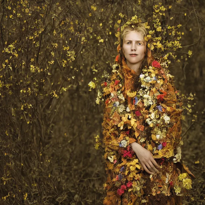 Prompt: closeup portrait of a woman wearing a cloak made of flowers and gold, standing in a burnt forest, by Annie Leibovitz and Steve McCurry, natural light, detailed face, CANON Eos C300, ƒ1.8, 35mm, 8K, medium-format print