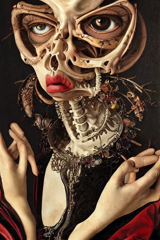 Image similar to Detailed maximalist portrait with large lips and with large, wide eyes, sad expression, extra bones, flesh, HD mixed media, 3D collage, highly detailed and intricate, surreal, illustration in the style of Caravaggio, dark art, baroque