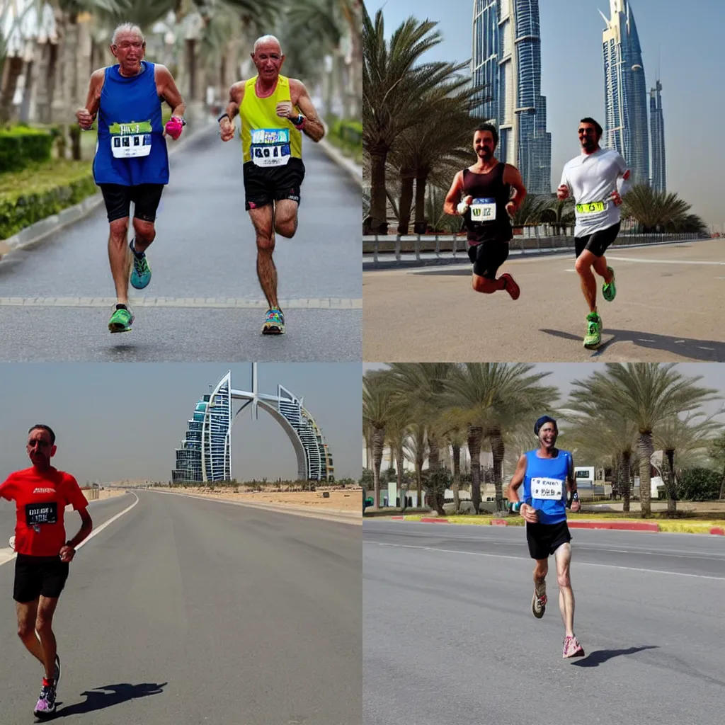 Prompt: a man running a marathon in dubai, in the style of james gurney