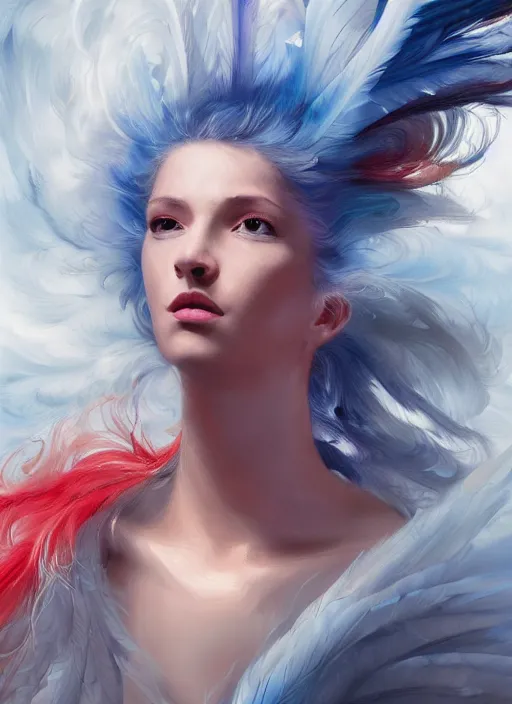 Image similar to a painting of a woman who made of curly and transparent feathers and cloud with red edges is holding a sword, a digital painting by charlie bowater, made of many translucent layers of blue feathers and cloud, metaphysical painting, speedpainting, digital painting, holographic undertones, highly saturated colors, 4 k, glossy eyes, concept art, trending on artstation