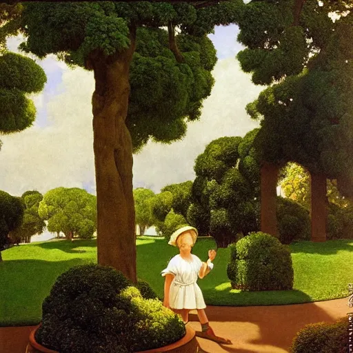 Prompt: empty garden with trees made of fluffy clouds, masterpiece painted by maxfield parrish, jc leyendecker and hopper, flemish baroque, classical realism, full color, atmospheric light