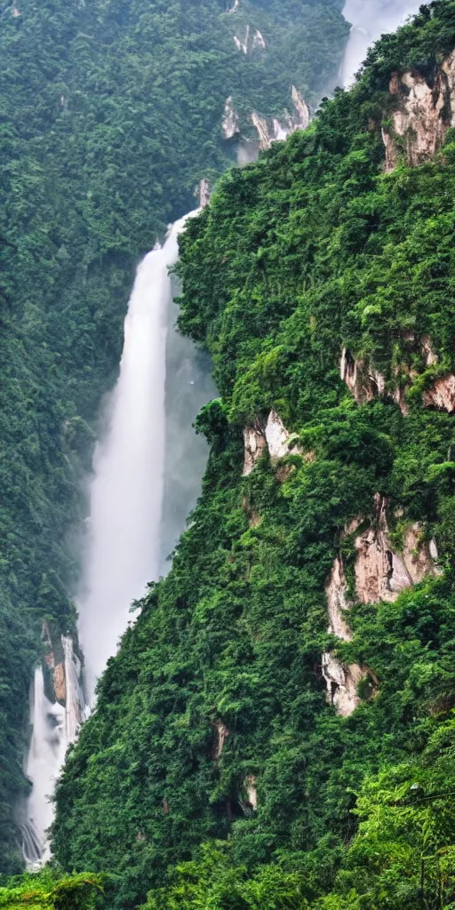 Image similar to a Cloudy peak in southern China with one waterfall, the style of National Geographic magazine