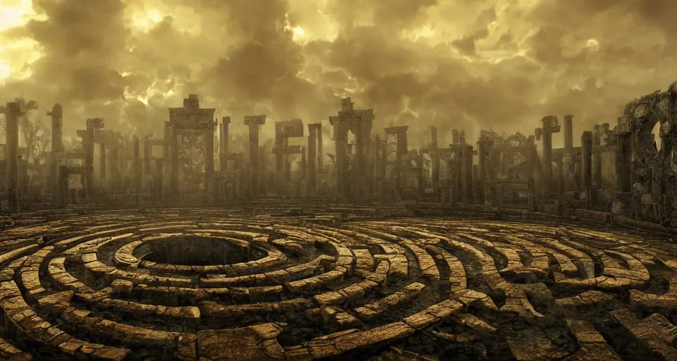 Image similar to circular labyrinth made out of bones, art deco medieval style, grimdark vibes, golden skeleton statue in center of labyrinth, abandoned vibes, gloomy moody clouds, god sun rays, complimentary color scheme, G liulian Art style, dynamic lighting, highly detailed, cinematic landscape, octane render, unreal engine