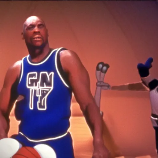 Image similar to George Floyd in the movie Space Jam, movie still,