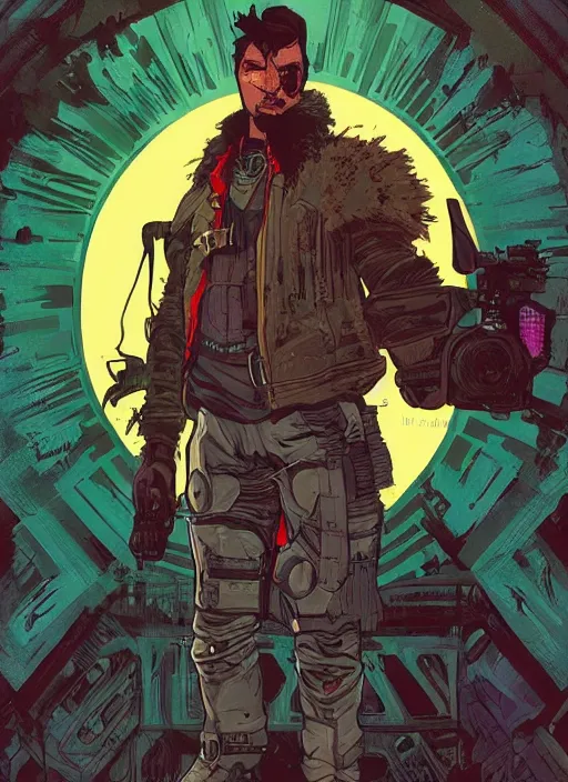 Image similar to hector. cyberpunk mercenary with scenic background. portrait illustration, pop art, art by ashley wood, alphonse mucha, laurie greasley and josan gonzalez. cinematic. beautiful lighting.