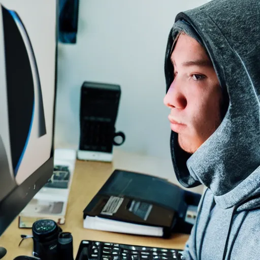 Prompt: a thief in a hoodie sits in front of a computer, dslr 5 0 mm, photography