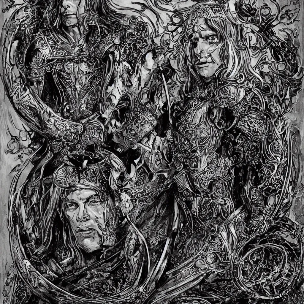 Image similar to A dramatic art nouveau bust portrait of Elric in black shining armor, holding a rune-engraved black broadsword that glows with eldritch power, wearing an intricately detailed chaos star crown, by P. Craig Russell, Michael Kaluta and Jia Ruan, fantasy, crisp lighting and edges, dark ambience, malevolent expression, determination, fear, confidence, accurate symmetrical facial details, aquiline facial features, medieval fantasy designs, white wolf, four color comic book style