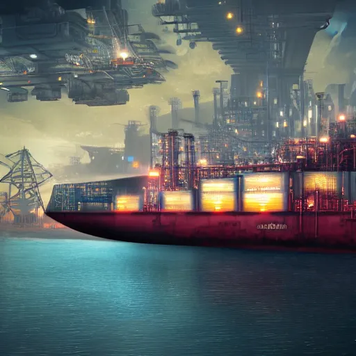 Image similar to photo of Immense industrial futuristic cargo ship arrives at cyber punk city sea port, cinematic lighting, photo