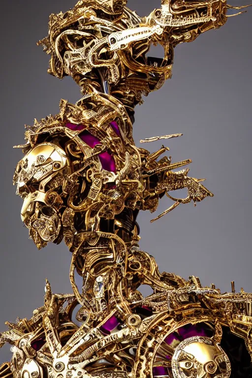 Image similar to baroque and cyberpunk style full-body sculpture of a young seductive Hispanic prince half android with a chest exposing a glowing ruby battery with porcelain arms posed like a model, glowing gold laser eyes, crown of white gears and sparkling diamonds, swirling white-colored silk fabric, robot dinosaurs. modern elements. reflective surfaces. intricate artwork by caravaggio. art by Artgerm and Alphonse Mucha, Trending on artstation, cinematic industrial lighting, photorealistic, octane render, 8k, depth of field, 3D