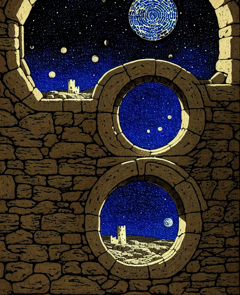 Image similar to stone wall inside of a ancient castle, round window looking out to the starry night sky, high details, intricately detailed, by vincent di fate, inking, 3 color screen print, masterpiece, trending on artstation,, sharp, details, hyper - detailed, hd, 4 k, 8 k