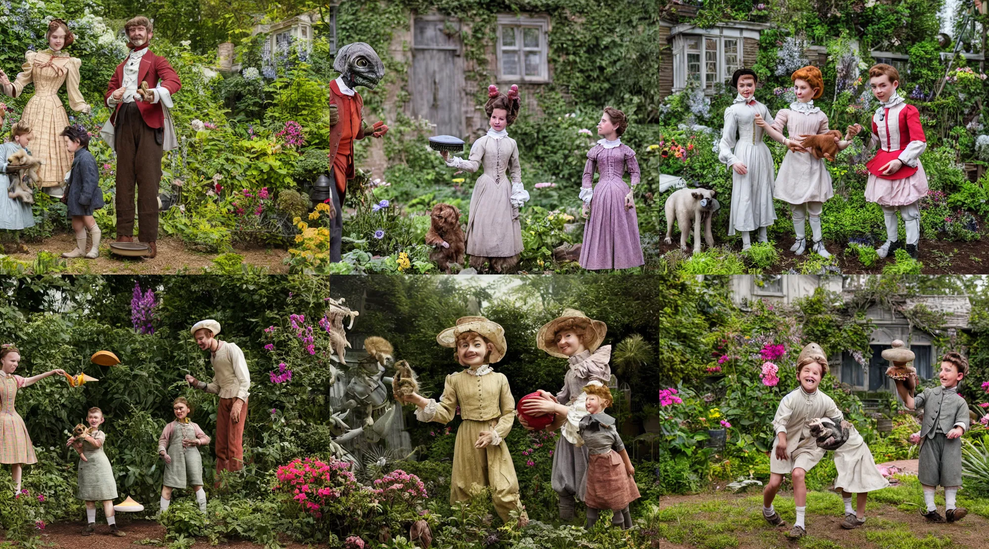 Prompt: detailed, sharp, a boy and a girl playing frisbee with their cute pet humanoid alien creature, wearing 1850s era clothes, all smiling, in the garden of a house on an alien planet with strange alien plants and flowers growing, extremely highly detailed, in focus faces, 70 mm still from a blockbuster period sci fi color movie, 4k, HD, cinematic lighting