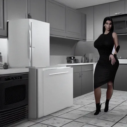 Image similar to kim kardashian fixing a fridge and in a dirty kitchen, 1 9 0 0, photorealist, ultra hd, unreal engine