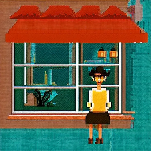 Prompt: a thin, pretty young Filipino girl sits in the window of a Cafe with an espresso, golden morning light, tropical plants, amazing 16 bit pixel art, 6 colors, artstation