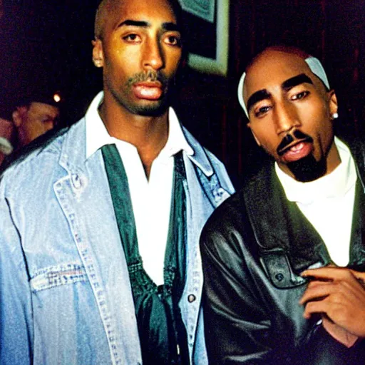 Prompt: sir isaac newton and tupac shakur chillin at the club, good friends, 9 0 s photograph