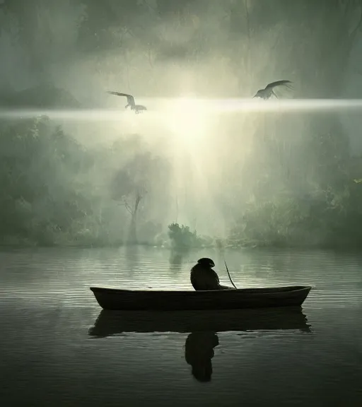 Image similar to three crows in a little boat in a swamp, volumetric lighting, majestic light, octane render, ethereal glare of the sun, hyper realistic, epic, masterpiece, by greg rutkowski