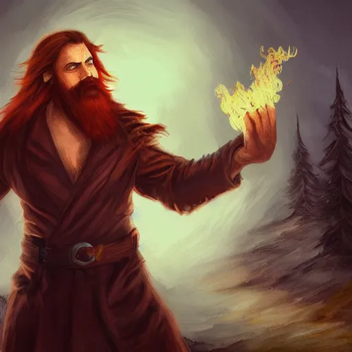 Prompt: furious young brown - red haired man with beard, wearing black coat, fire behind him, fire mage, shooting fire, fire, oil painting, fantasy artwork, fantastic artwork, 4 k, trending on artstation