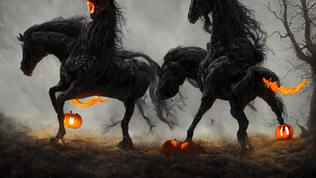 Image similar to rampant ( ( black horse ) ) with fiery eyes, a headless!!! colonial rider!!!! holds a ( jack - o - lantern ), background gnarled trees and large supermoon, in the styles of greg rutkowski, keith parkinson, and john quidor, intricate, detailed, volumetric lighting