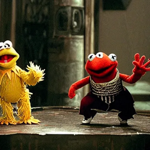 Prompt: Muppets characters battling in “Mortal Kombat (2000)” action scene