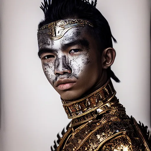 Image similar to a portrait of a beautiful young balinese male wearing an alexander mcqueen armor , photographed by andrew thomas huang, artistic