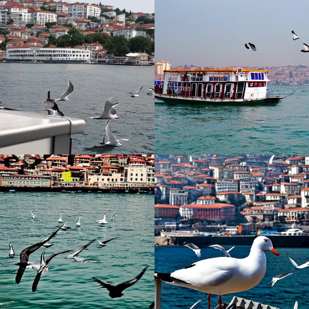 Prompt: bosphorus ferry, seagulls, simit