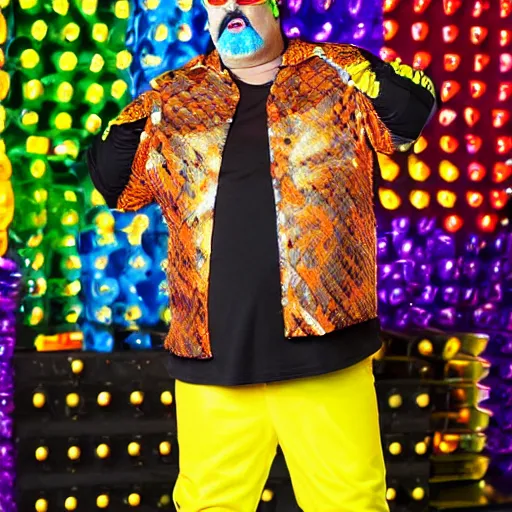 Image similar to guy fieri covered in chocolate wearing a neon colored mesh crop top and pit vipers