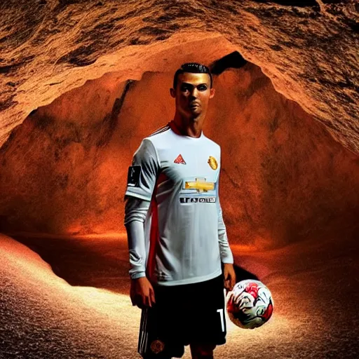 Prompt: cristiano ronaldo wearing manchester united shirt standing in the cave