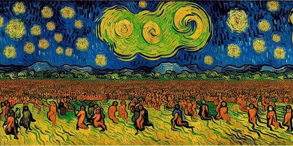 Prompt: the moment of victory of heaven forces in last judgment day, style of edgar allan po and vincent van gogh