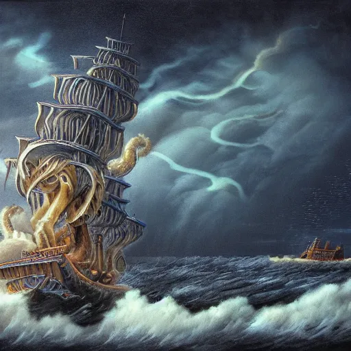 Image similar to a highly detailed hyperrealistic scene of a ship being attacked by giant squid tentacles, jellyfish, squid attack, dark, voluminous clouds, thunder, stormy seas, pirate ship, dark, high contrast, fiery galaxy, nomadic