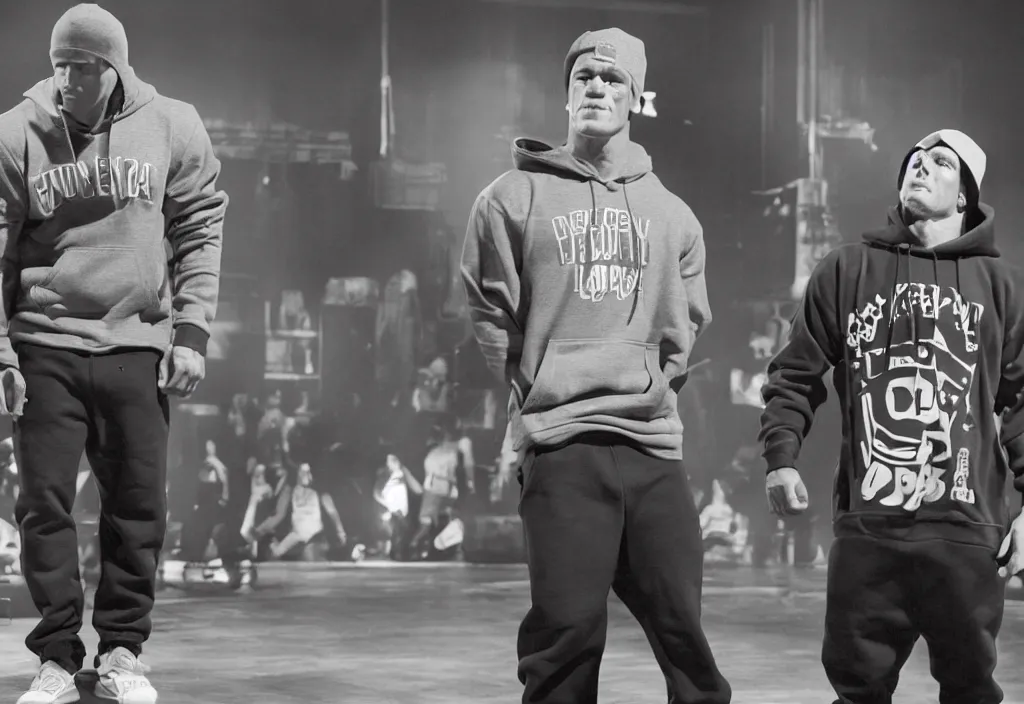 Image similar to john cena with a gray cap and a gray hoodie with the hood on. John Cena rapping in front of a crowd of people. Industrial setting. Lose yourself by eminem music video.