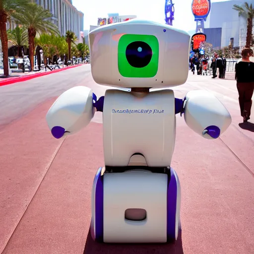 Prompt: LAS VEGAS, NV JUNE 7 2024: One of the cutest self-aware robots to emerge from the friendly-future-technology-portal.
